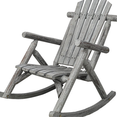 Fauteuil à bascule en bois gris pour porche, robuste, avec assise ergonomique à lattes et mouvement de bascule doux. Parfait pour le jardin, la véranda ou l'intérieur. Conception inspirée des balançoires en rondins de sapin, soutien lombaire et bascule rapide.
