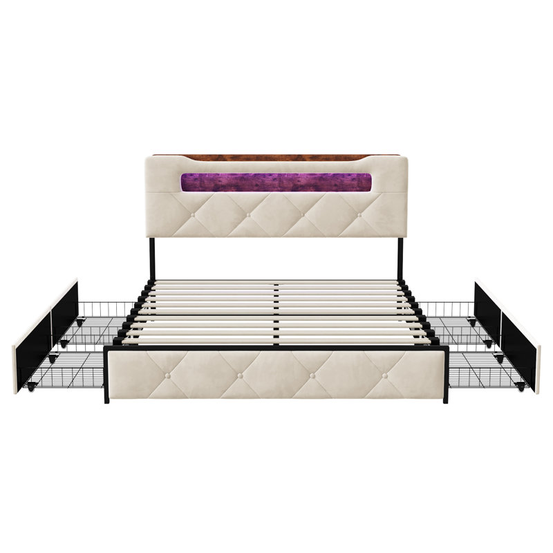 Solid Wood and Iron Drawers Bed Frame, Double (4'6), Beige