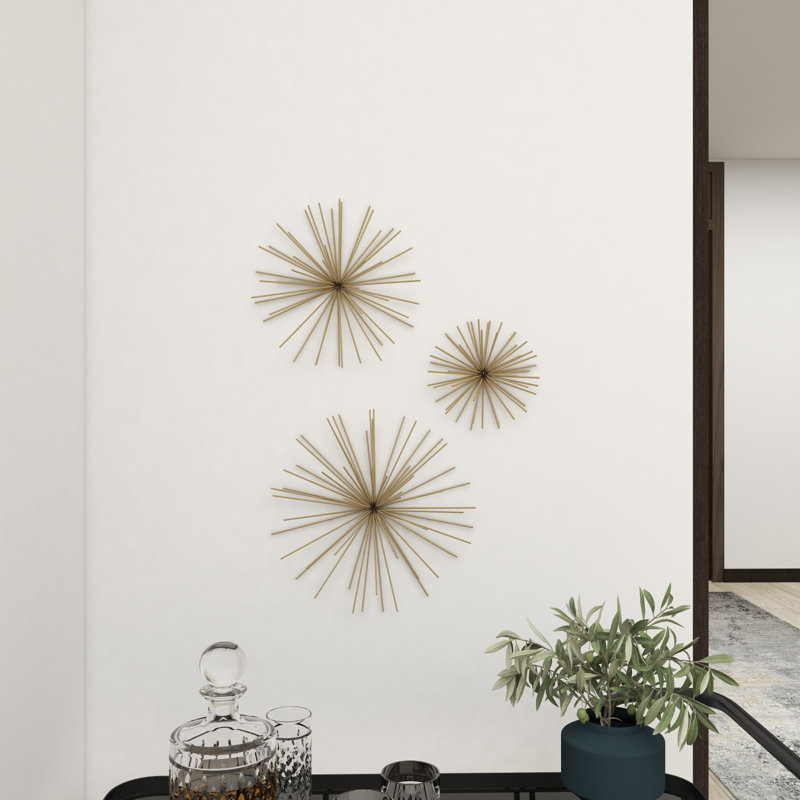 Metal 3D Long Spike Starburst Home Wall Decor Set, Gold