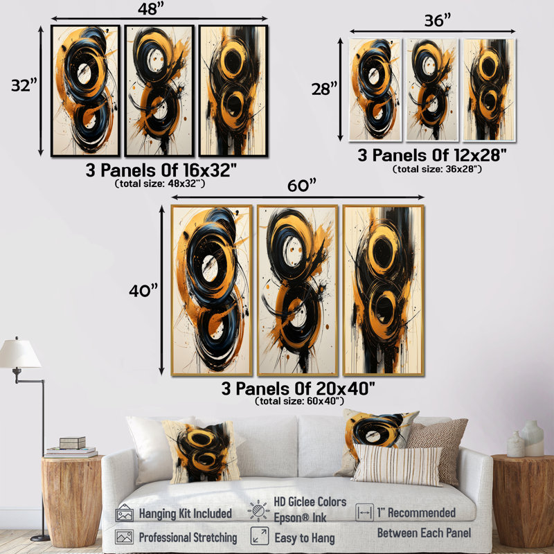 Abstrait cercle aux tons I - Collection de 3 grands panneaux modernes sur toile, H 28 po x l 36 po, Toile tendue