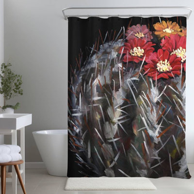 Black Botanical – Mammillaria Cactus in Bloom – Polyester Shower Curtain, Dye Sublimation Print, 71" W × 74" L