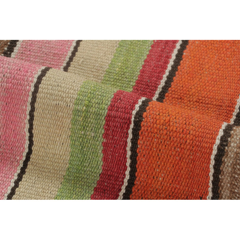 Vintage Frazada Square Kilim In Vibrant Polychrome Striped Pattern - Rug & Kilim