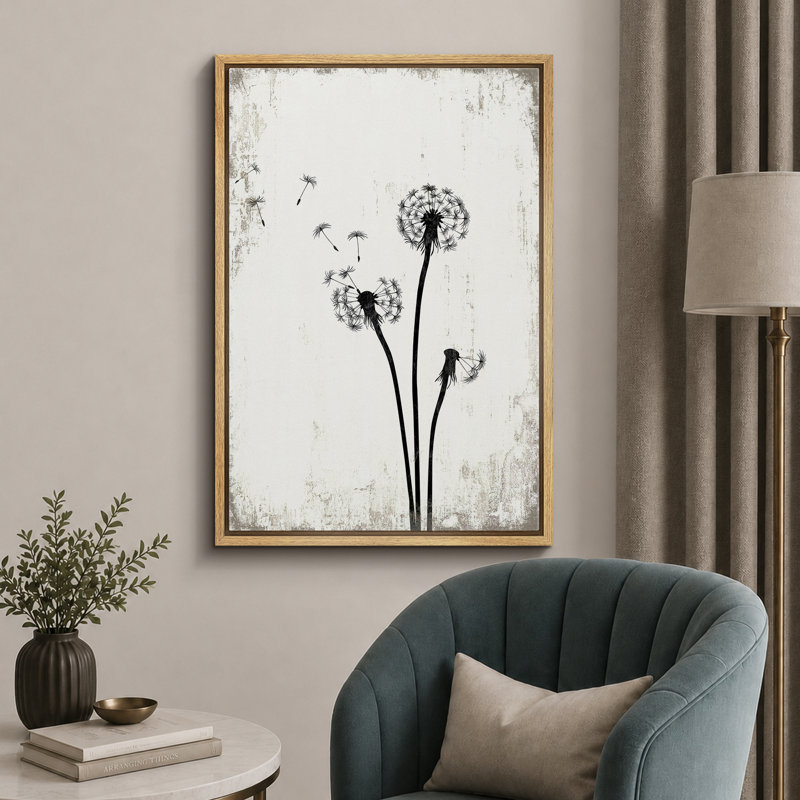 Pissenlit «Simple Whimsy Flying Dandelion, H 24 po x l 16 po, Toile encadrée, Naturel