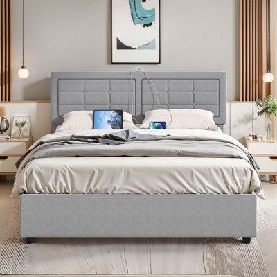 Kempst Upholstered Bed Frame with Charging Ports, Platform Bed with 4 Storage Drawers