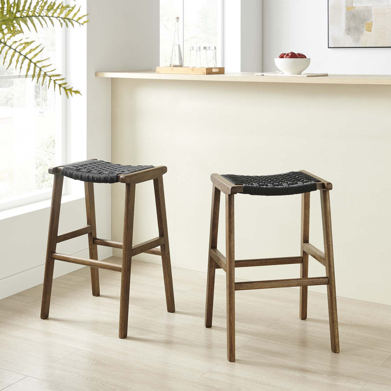 Modway Saoirse Counter/Bar Stools, Bar Stool (29.5” Seat Height), Black Rope /Walnut Frame