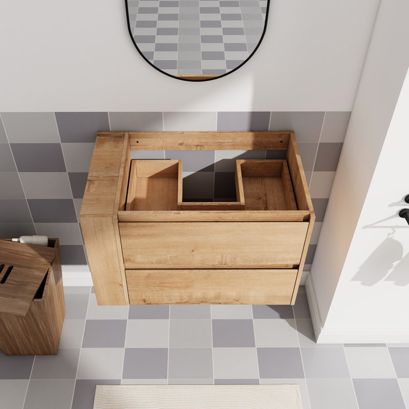 Meuble-lavabo mural moderne 30 po avec tiroir à fermeture douce, tiroir imitation chêne