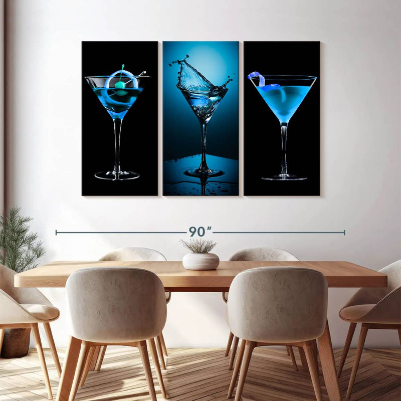 Ensemble de 3 boissons bleues sur toile, H 48 po x l 74 po x P 1,25 po