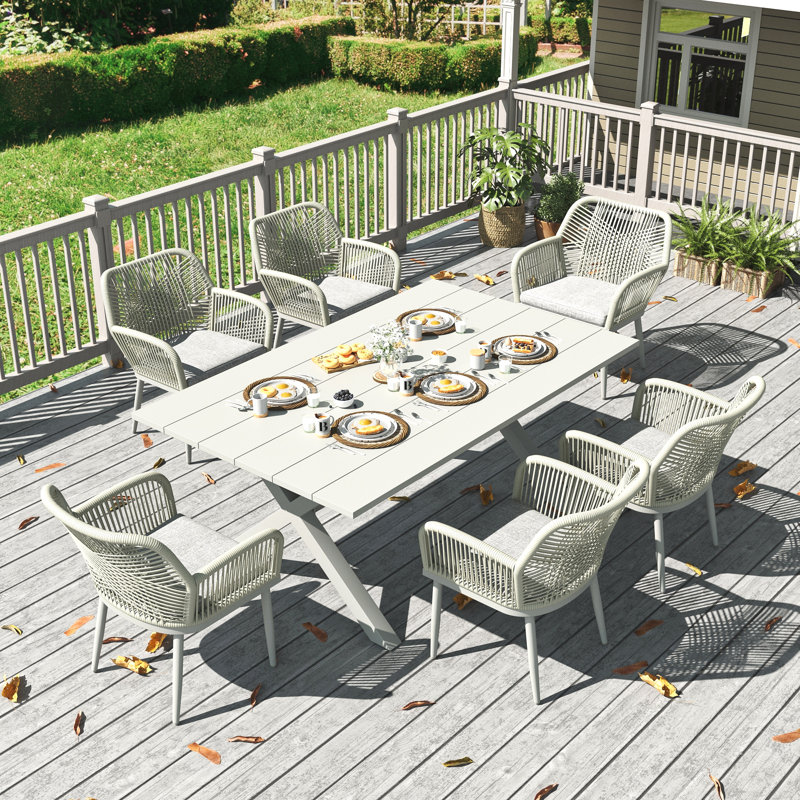 Outdoor Dining Set With Rectangular Dining Table And Chairs, Light Grey Cushion/White Frame, 6