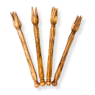 Cocktail Forks - Handcrafted Party Snack Pickers, Hand Carved Olive Wood Set Of 4 Wooden Olive Forks, Olive Pickers Cheese Forks