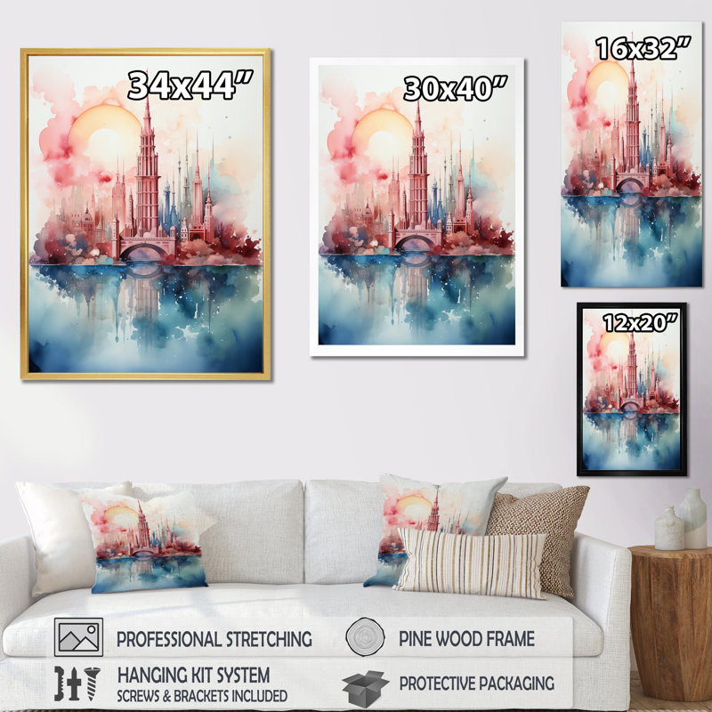 «Hinkel Colorful Minimalist Skyline City I», reproduction sur toile, Cadre naturel flottant, H 32 po x l 16 po x P 1 po