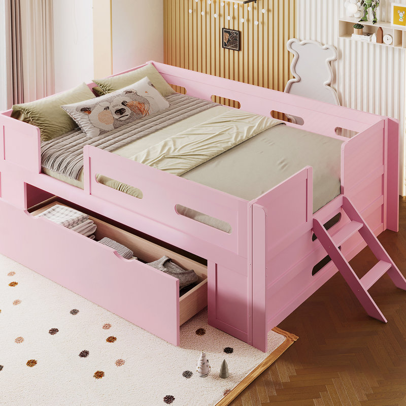 Lit plateforme en bois avec garde-corps et tiroir, Lit simple, Rose