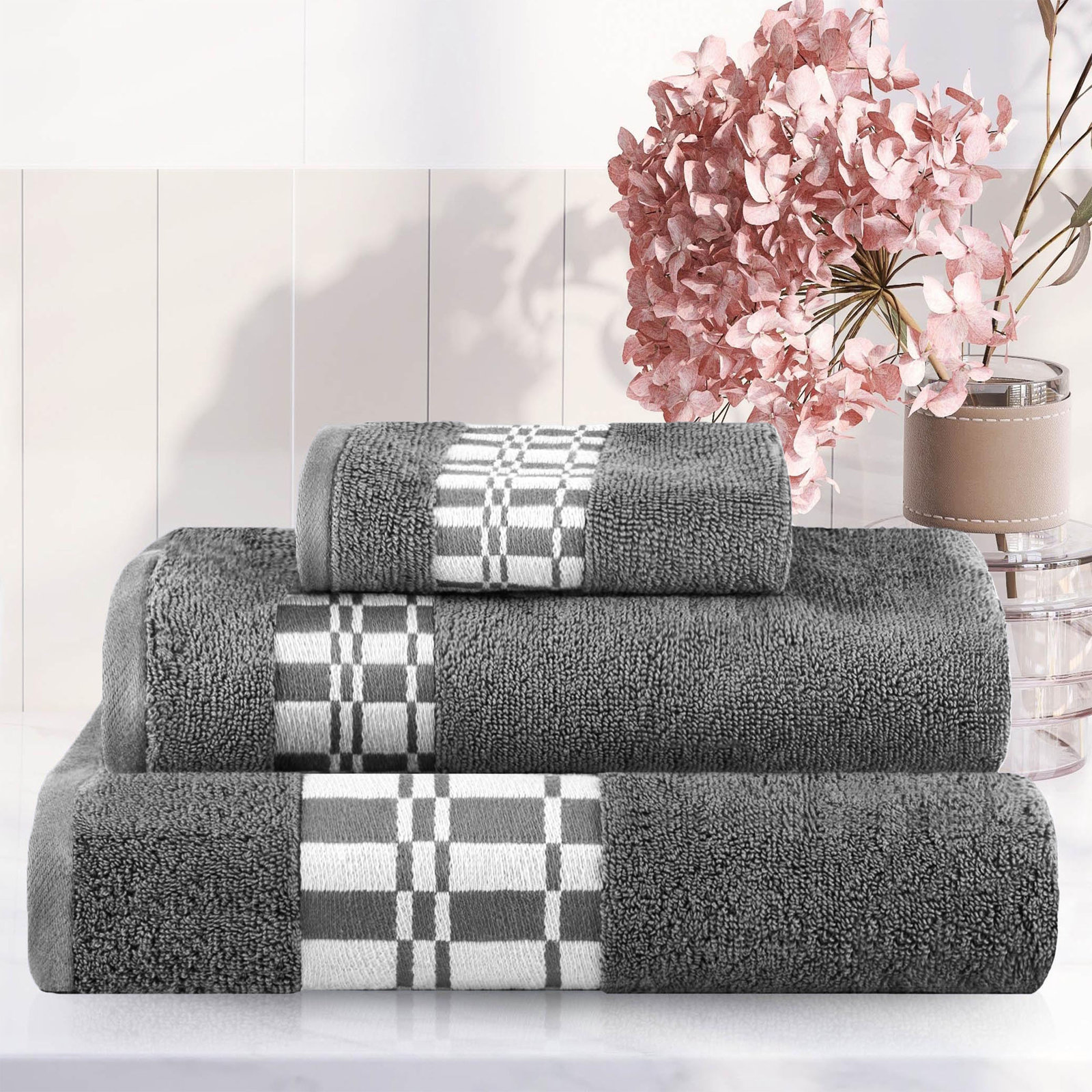 Davis 3-Piece Geometric Cotton Towel Set, Gray