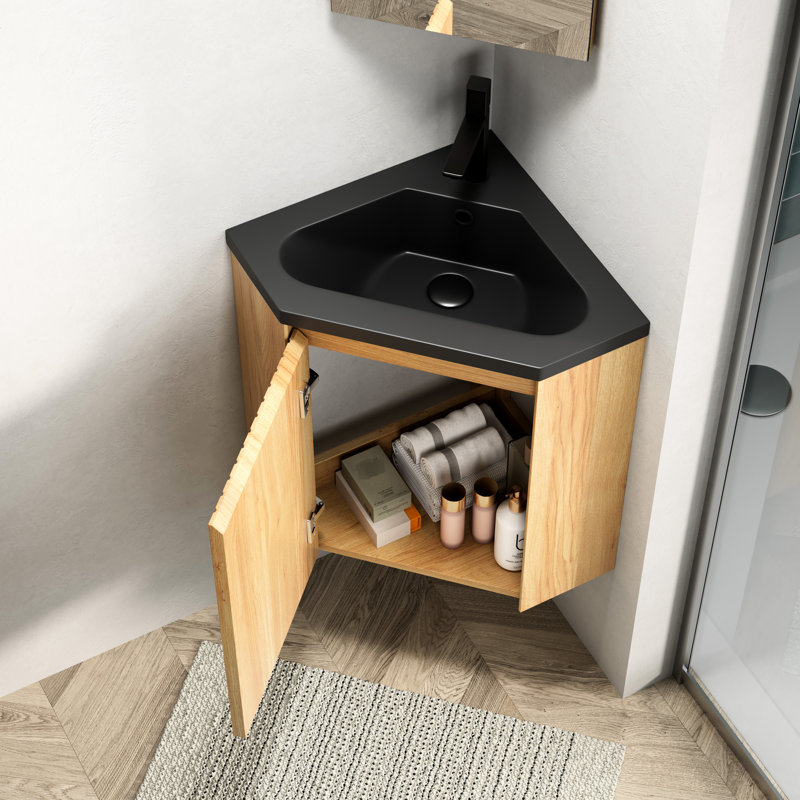 Meuble-lavabo flottant mural de 30 po avec lavabo triangulaire en résine noire à une porte et contreplaqué naturel, convenant pour les petits coins de meuble-lavabo intégrés, baignoire de rangement en contreplaqué aux endroits restreints