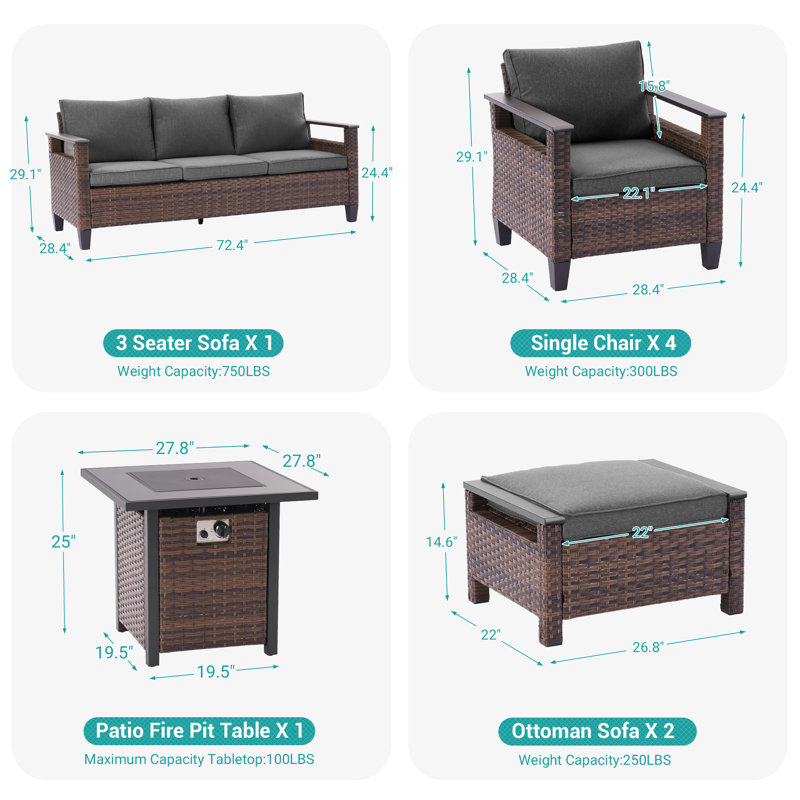 8 Piece Patio Sofa with Square Fire Pit Table and Ottomans, Black Gray
