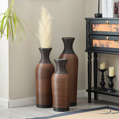 Hand-Woven PVC Rattan Vases, Set of 3 Brown Floor Vases for Home Decor, 27.56in 23.62in 19.69in Tall Farmhouse Decorative Vases, Imitation Rattan Vases for Living Room & Office