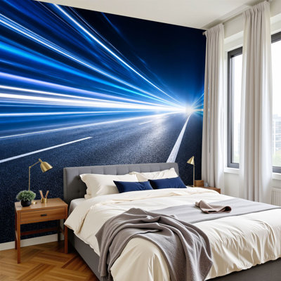 Papier peint adhésif pelez et collez, futuriste, route, lumière, traînées de lumière, nuit noire, papier peint amovible en PVC, H 100 po x l 144 po, pour chambre à coucher, salon, bureau à domicile