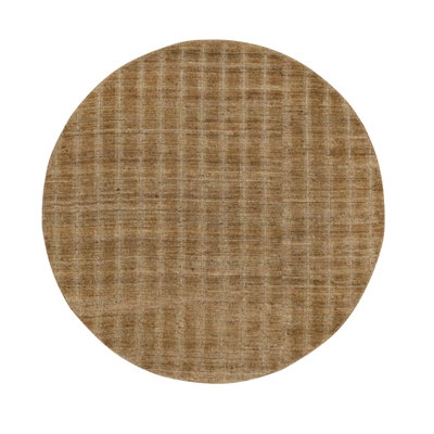 Tapis oriental rond brun clair chameau 5 pi x 5 pi tissé à la main, motif à rayures verticales avec effet sel et poivre