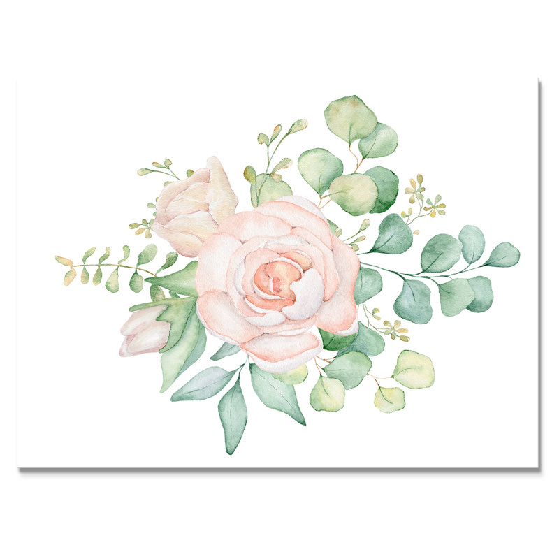 Bouquet de fleurs de rose et d'eucalyptus - Peinture sur toile, H 34 po x l 44 po x P 1,5 po, Toile tendue