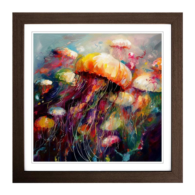 Jellyfish Post-Impressionism No.1 - Single Picture Frame Print on Wood, Walnut