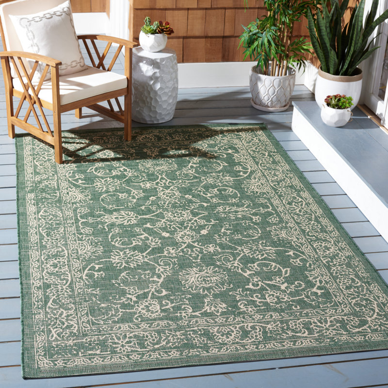 Courtyard Floral Outdoor Area Rug In Dark Green / Beige, Rectangle 201 x 290 cm