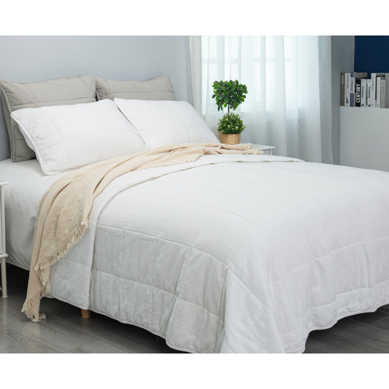 Stone Washed Linen Blend Box Stitch Quilt and Pillow Shams Set, Off White, Queen Quilt + 2 Shams