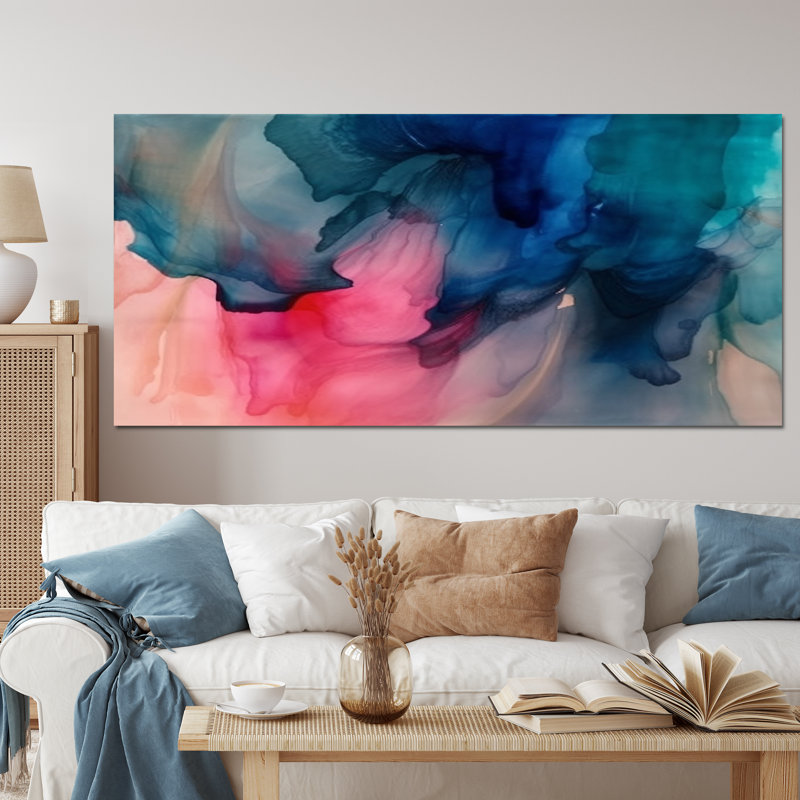 «Blue and Pink Watercolor Mix», reproduction d'art sur toile encadrée abstraite, H 28 po x l 60 po