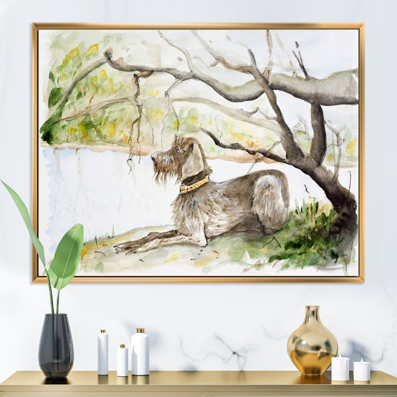 " German Wirehaired Pointer " Painting Print, 34" H x 44" W, Gold Floater Frame Canvas