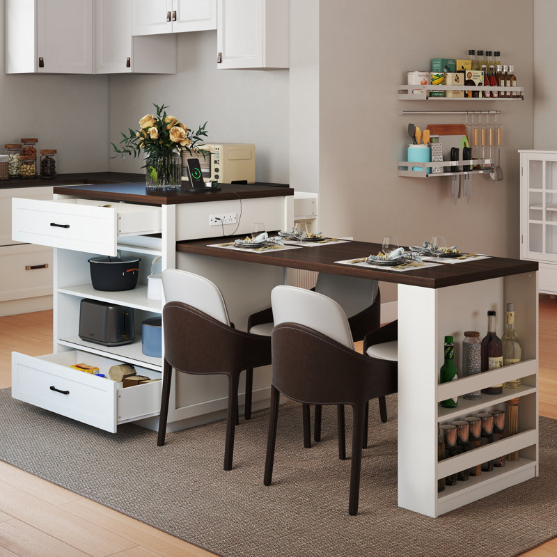Îlot de cuisine 83,1 po avec table extensible et supports de rangement, table de salle à manger avec portes en verre