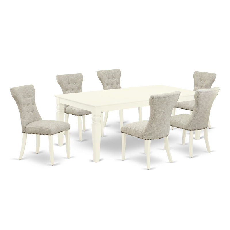 7 Piece Dining Table Set Consist of a Rectangle Kitchen Table with Butterfly Leaf and 6 Doeskin Linen Fabric Upholstered Chairs, Linen White