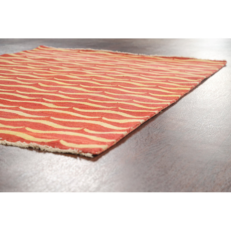 Tapis rouge / beige en laine noué à la main de conception unique 4 pi 1 po x 6 pi 2 po New Age
