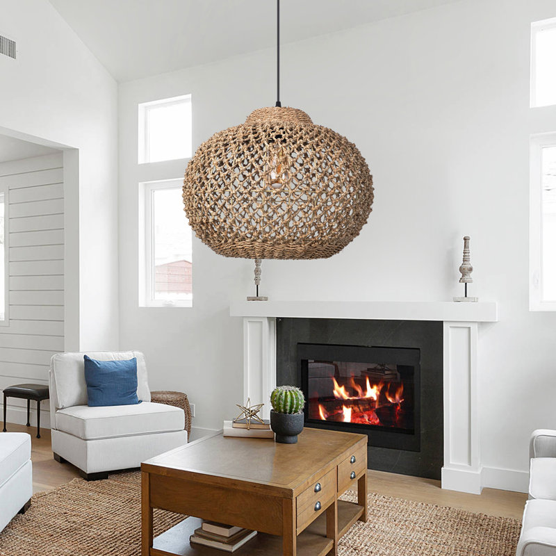 Rattan Pendant Lights for Kitchen Island,Globe Rattan Pendant Shade, 14.17" H x 19.69" W x 19.69" D