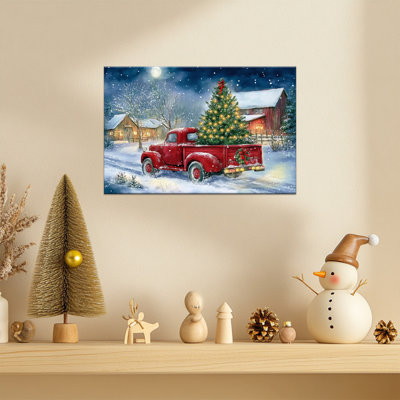 Abiella – Vintage Red Truck with Christmas Tree Painting, Farmhouse Winter Scene Canvas Prints, Holiday Wall Artwork Poster for Home Decorations, Ready to Hang, 12×16 Inches