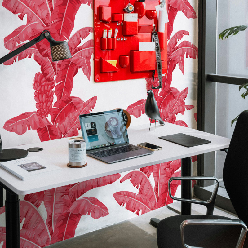 Red and White Palm Leaf Floral Wallpaper