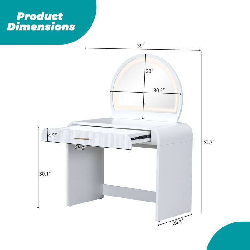 39" W White Makeup Vanity Table Dressing Table With Removable Lighted Mirror Touch Screen And Drawer For Bedroom