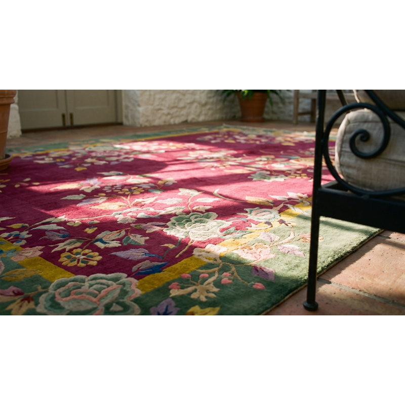 Antique Art Deco Chinese Floral Green, Red 1920s Rug