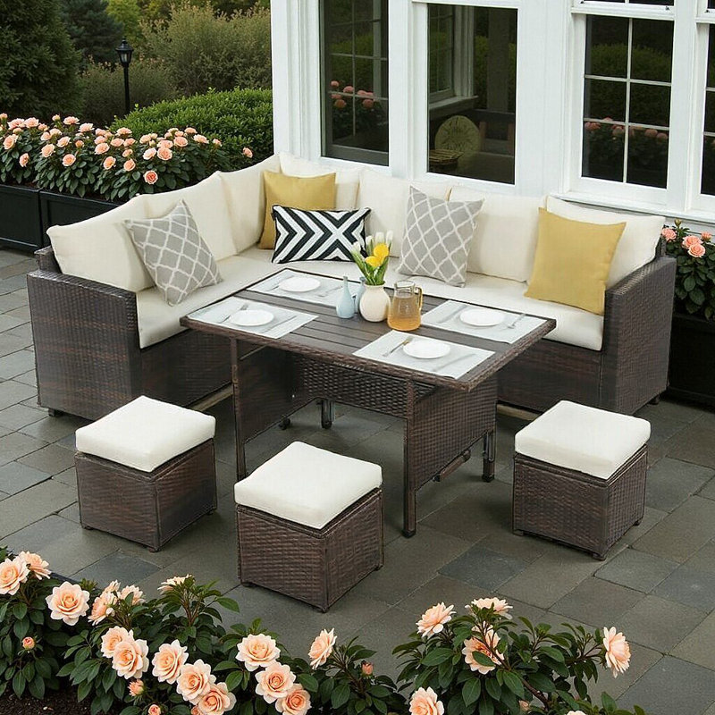 Ensemble repas d'extérieur en osier 7 pièces avec canapé et table pour 9 personnes 7 pièces, Beige