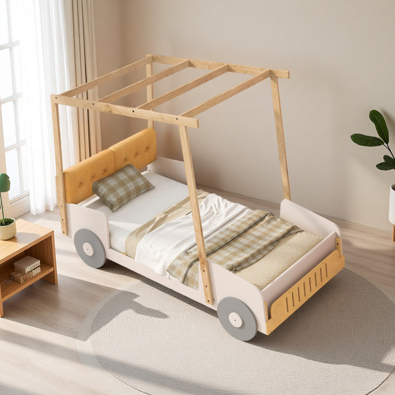 Lit voiture en bois avec coussin, toile de plafond, Lit simple