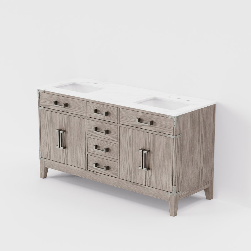 Plateau de meuble-lavabo double l 60 po x P 22 po Laurel, Chêne gris, Marbre de Carrare blanc
