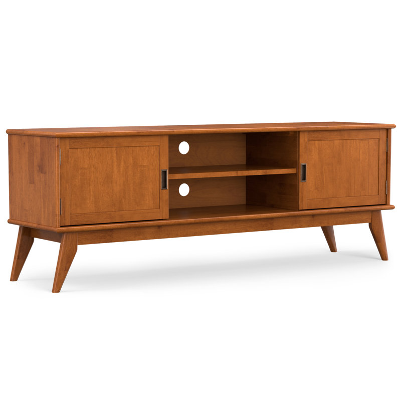 Teak Brown Solid Hardwood Mid Century Modern TV Stand with Cabinets