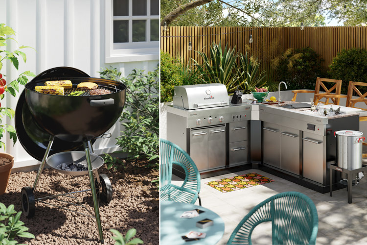 freestanding charcoal grill on the left and a gas grill inside an outdoor kitchen on the right