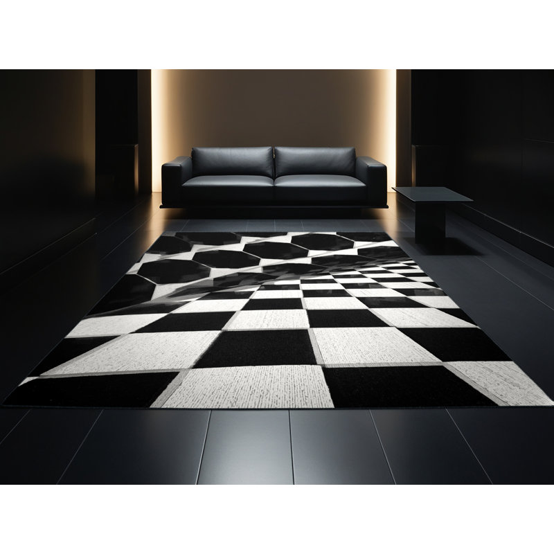 Soft Plush Adlai Modern & Contemporary Geometric Shapes Area Rug in Blue – Black Binding, 3' Square