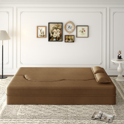 Canapé-lit moderne avec 2 coussins, canapé-lit en velours côtelé moelleux convertible, matelas pliant de 15 pouces pour le salon et les invités, aucun assemblage requis, brun clair