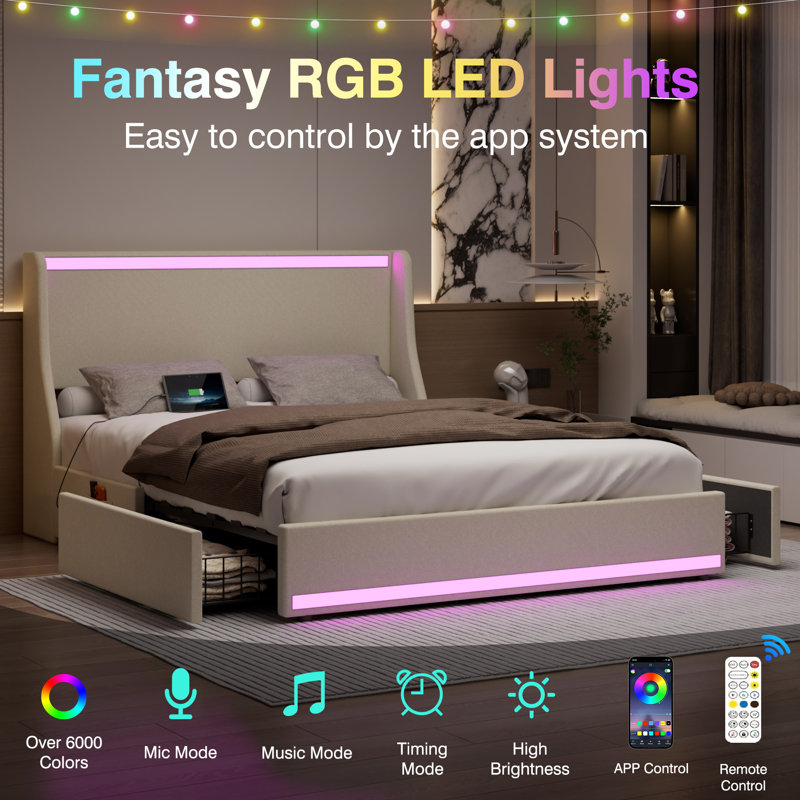 Double Size Storage Platform Bed With Charging Station And Smart Control RGB LED Lights, Upholstered Bed Frame With Storage Drawers, USB & Type-C Charging Ports, No Box Spring Needed, Easy to Assembly