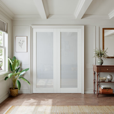 Porte intérieure à un battant en verre dépoli, porte française pleine apprêtée, verre trempé certifié SGCC, finition satinée préfinie et facile à poser soi-même, sans quincaillerie, pour garde-manger, chambre, salle de bain et placard, compatible avec les portes prémontées, françaises et coulissantes, 142 x 203 cm