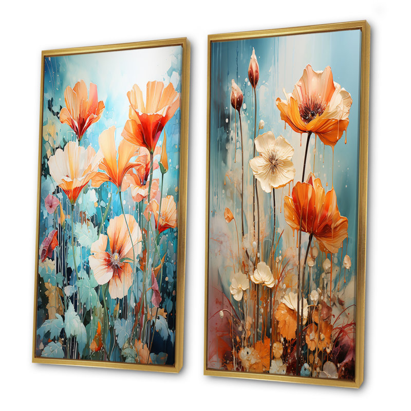 «Peach Wonderland Flower Garden», ensemble de 2 reproductions d'art mural, H 32 po x l 33 po, Encadrement doré
