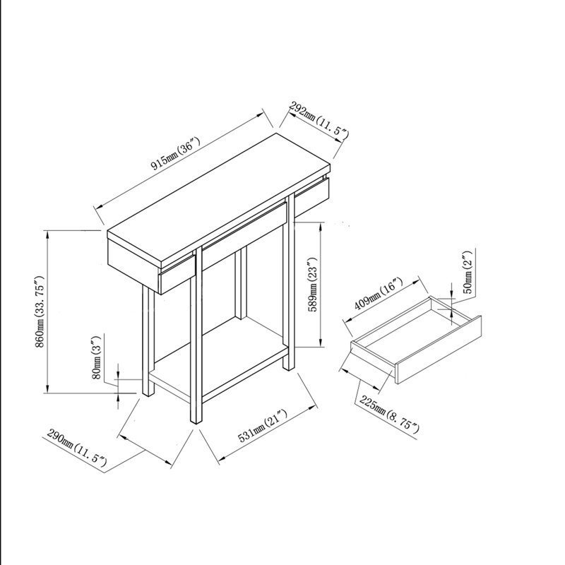 Entryway hallway Console Table with one drawer one shelf wooden leg frame handleless design
