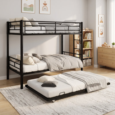 Metal Twin Over Twin Bunk Bed With Trundle, Industrial Black Bunk Bed Frame With Guardrails & Ladder, No Box Spring Needed, Heavy Duty Bunk Bed For Kids Bedroom, Guest Room, Dorm