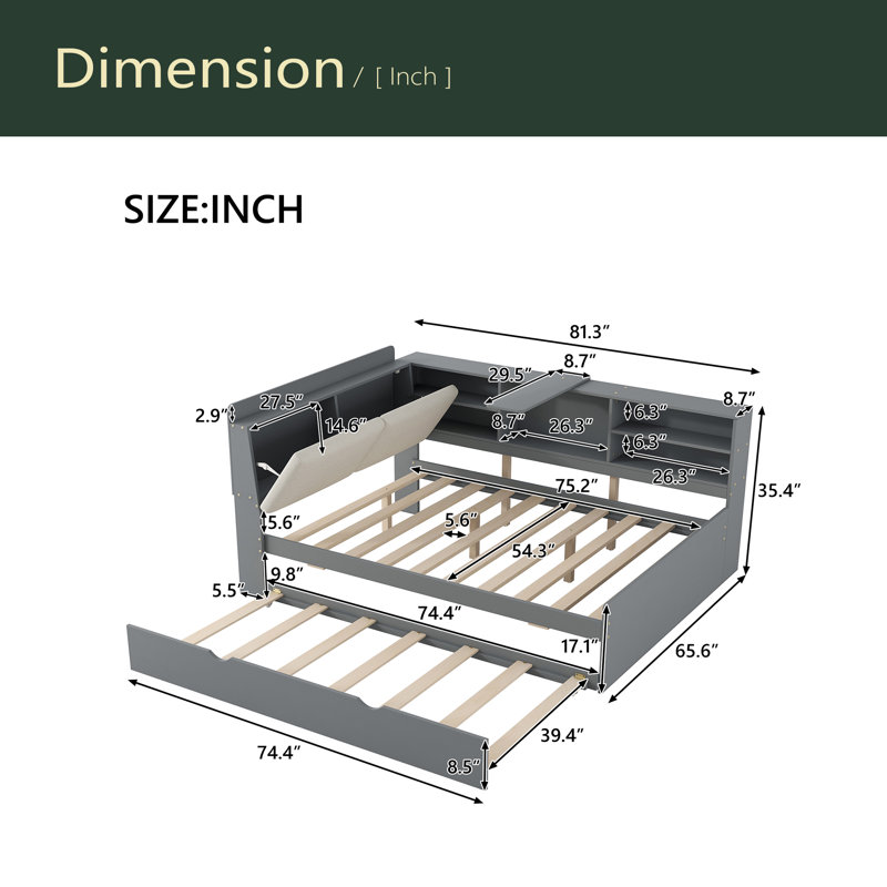 Lit plateforme, tablettes et tête de lit en bois, Gris / Blanc, Double