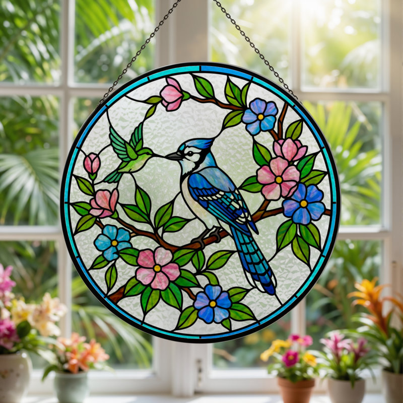 7.8"H Blue Jay Stained Glass Window Panel, 7.8" H x 7.8" W