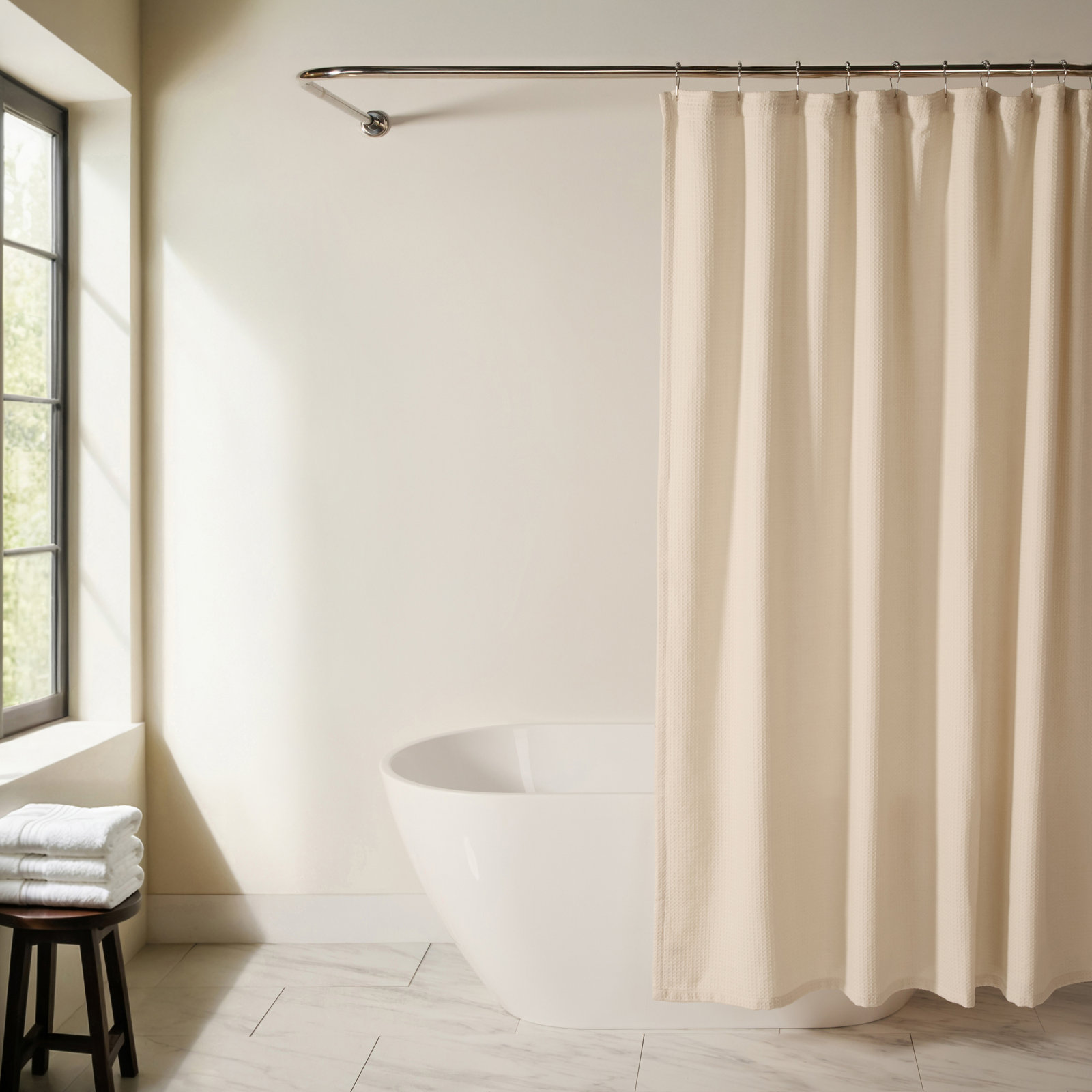 Waffle Textured Cotton Blend Shower Curtain, Ivory